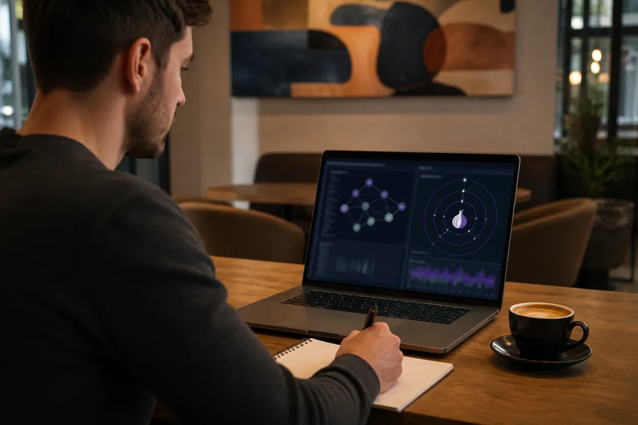 A researcher examines Tor network connections in a cafe setting.