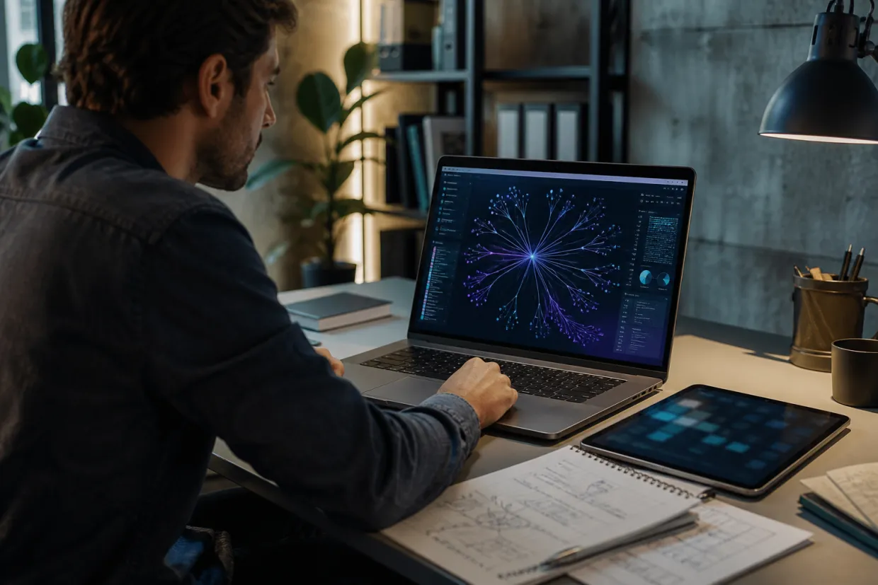 A researcher analyzes dark web address structures using advanced technology.