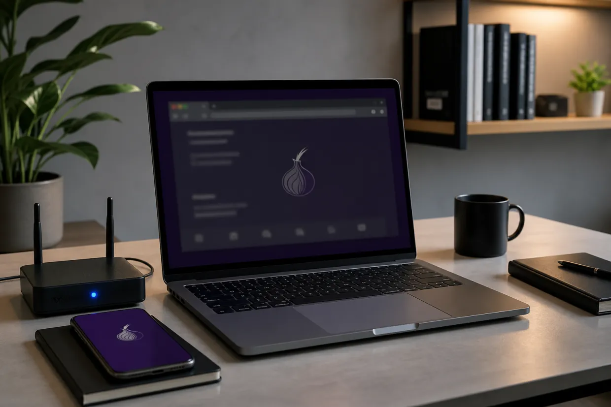 A modern workspace highlighting tools for secure browsing on the dark web.