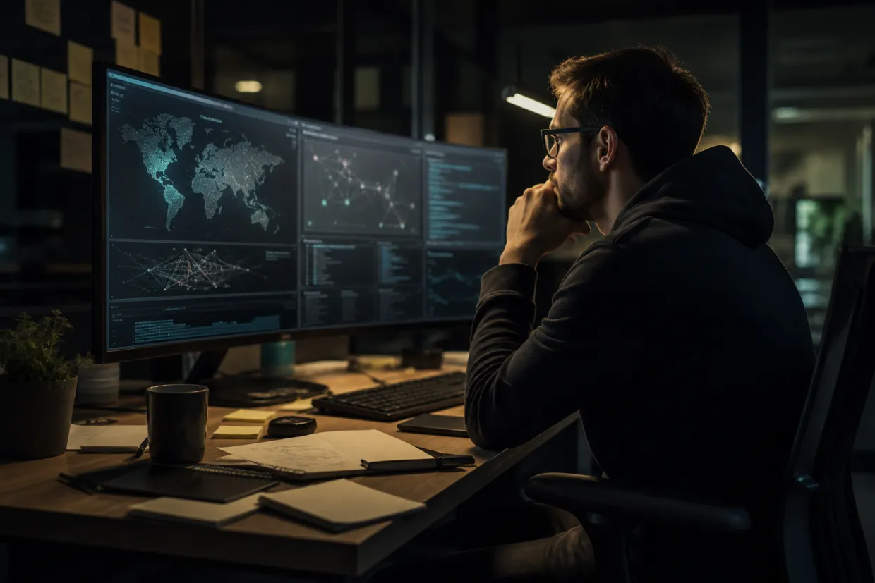 A cybersecurity analyst deeply focused on dark web data analysis in a modern office.