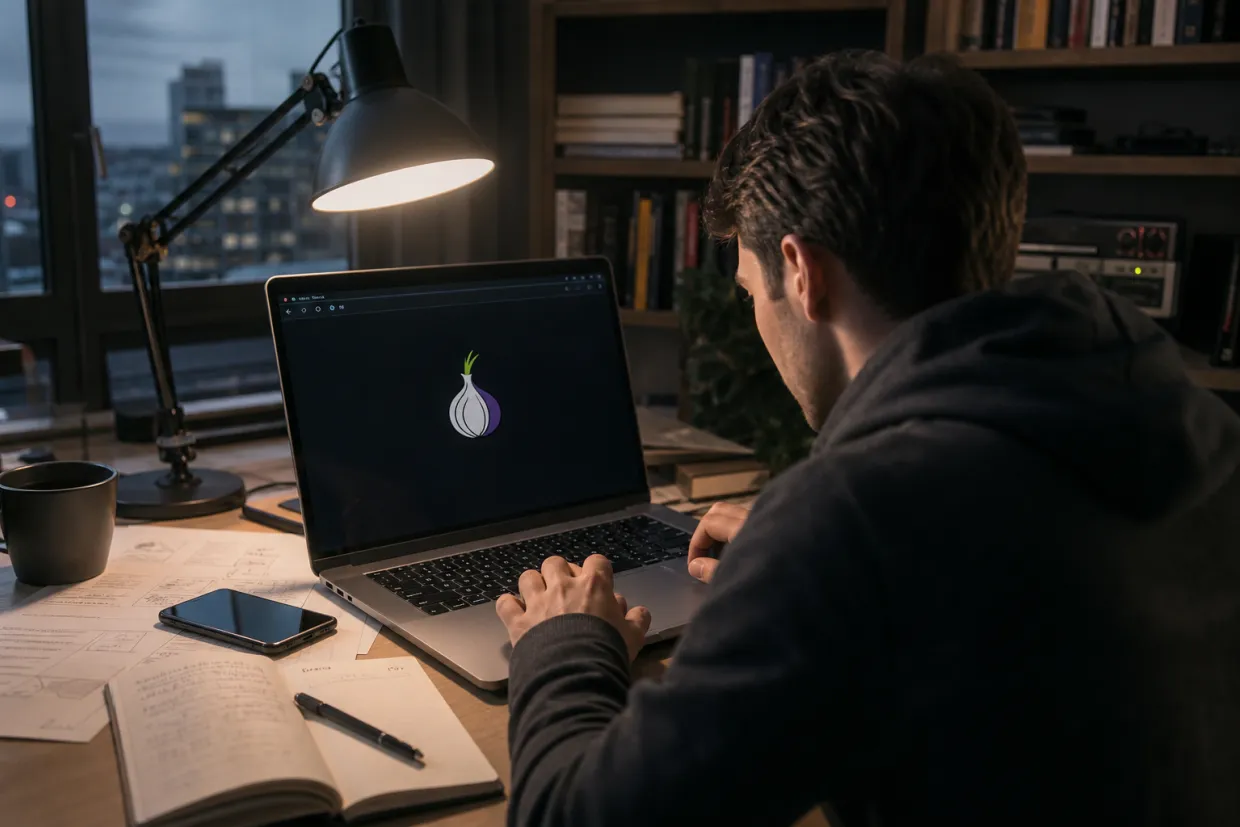 A researcher analyzing an AlphaBay onion link in a contemporary office setting.