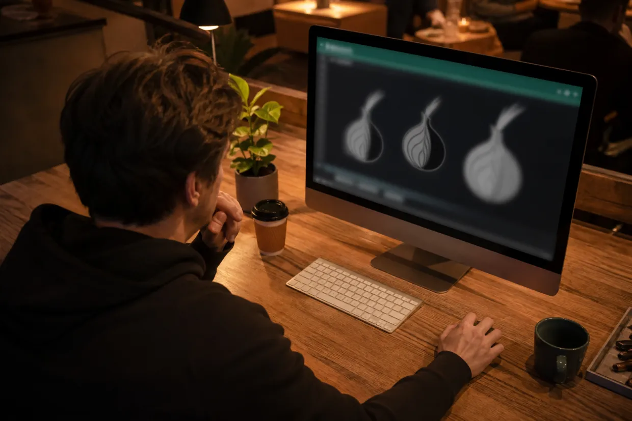 A young adult examining dark web resources on a desktop in a coffee shop.