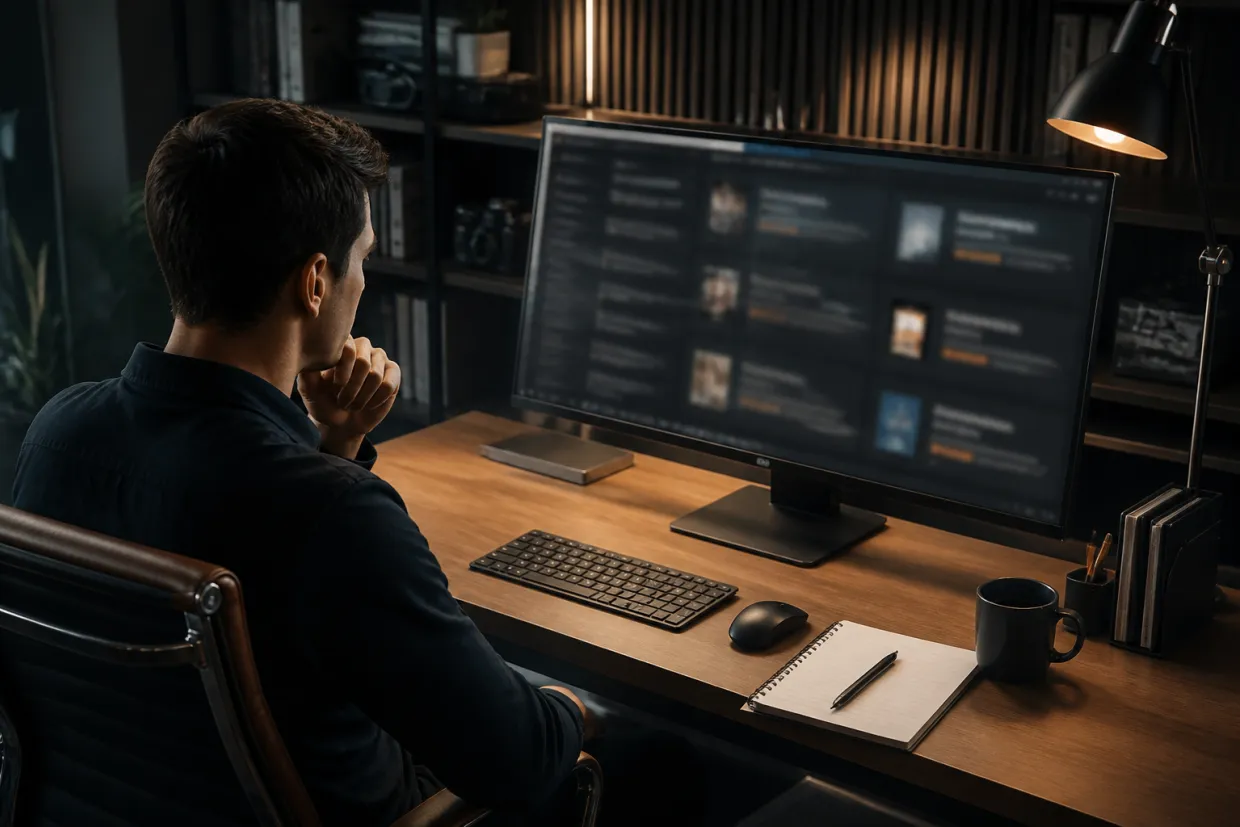 A researcher is deeply focused on analyzing dark web links on a large screen.