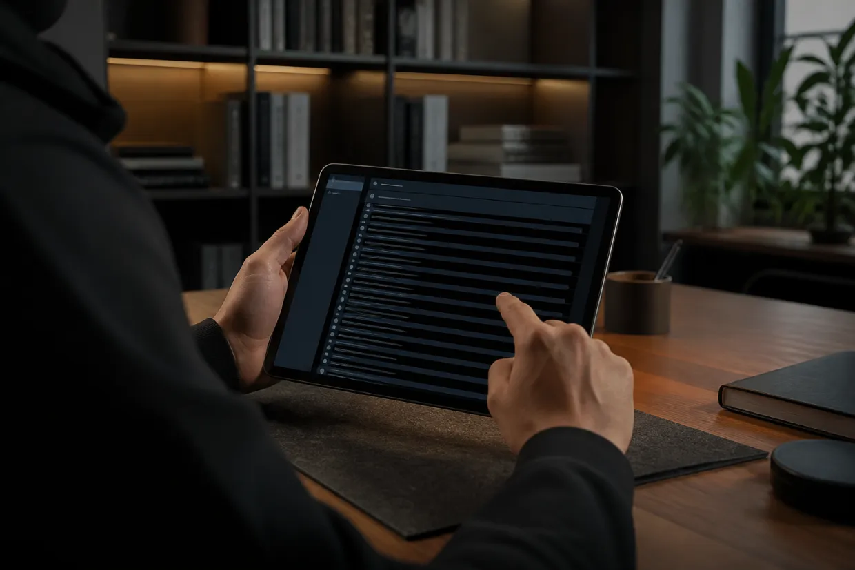 A researcher examines curated dark web links on a tablet in a modern workspace.