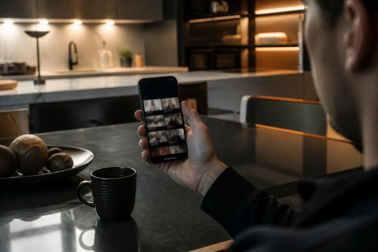 A person browsing dark web video links on a smartphone at home.
