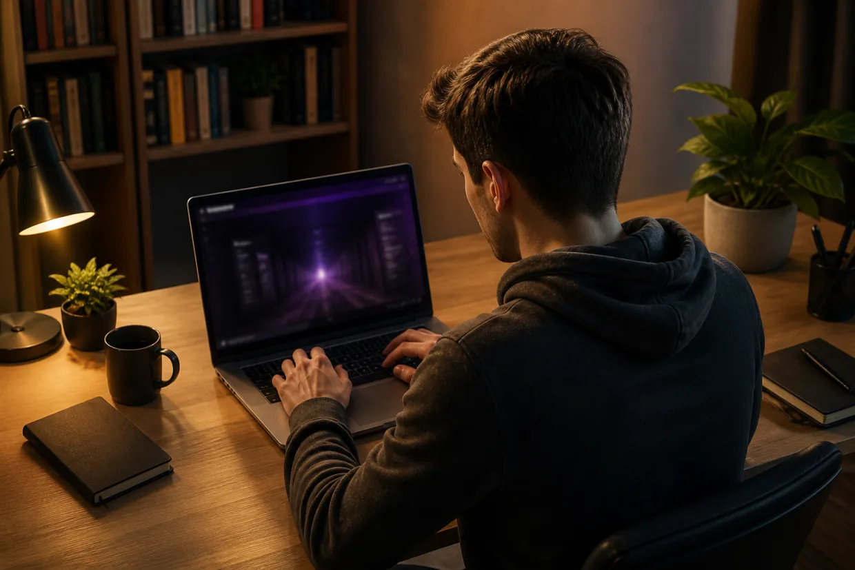 A person researching darknet addresses on a laptop in a study.