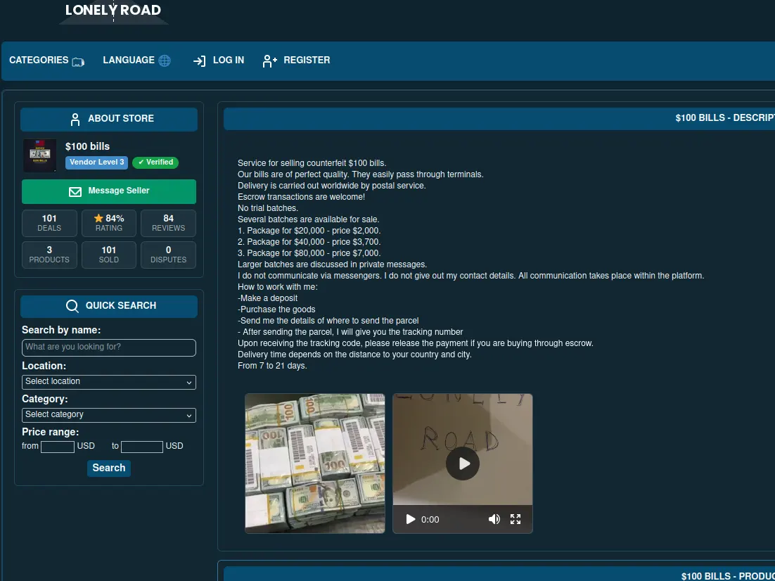 Counterfeit dollar sales website interface
