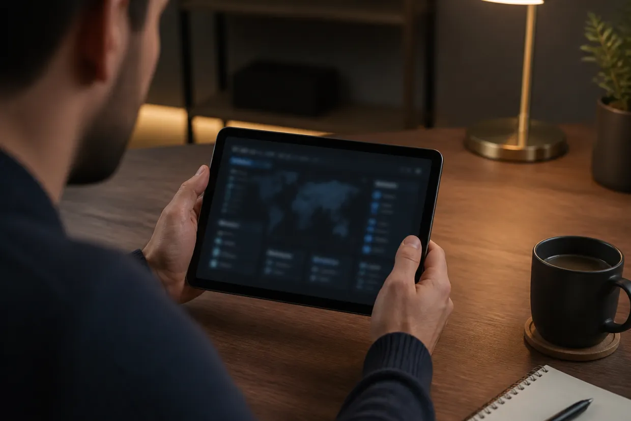A person focuses on their tablet, checking for dark web exposure.