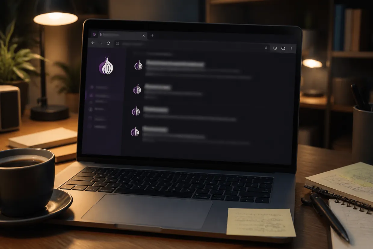 A person engaged in research on the dark web using a laptop in a modern workspace.