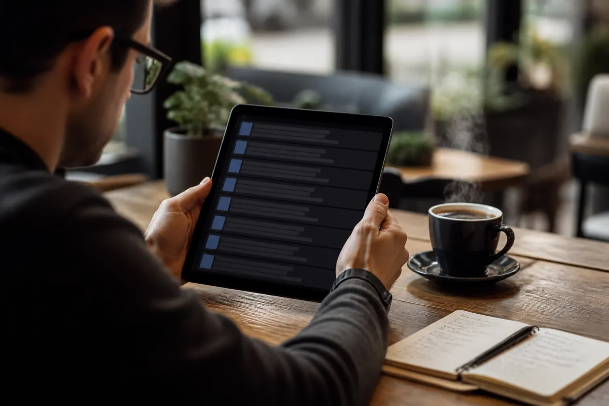 A researcher examines .onion links on a tablet in a cozy café.