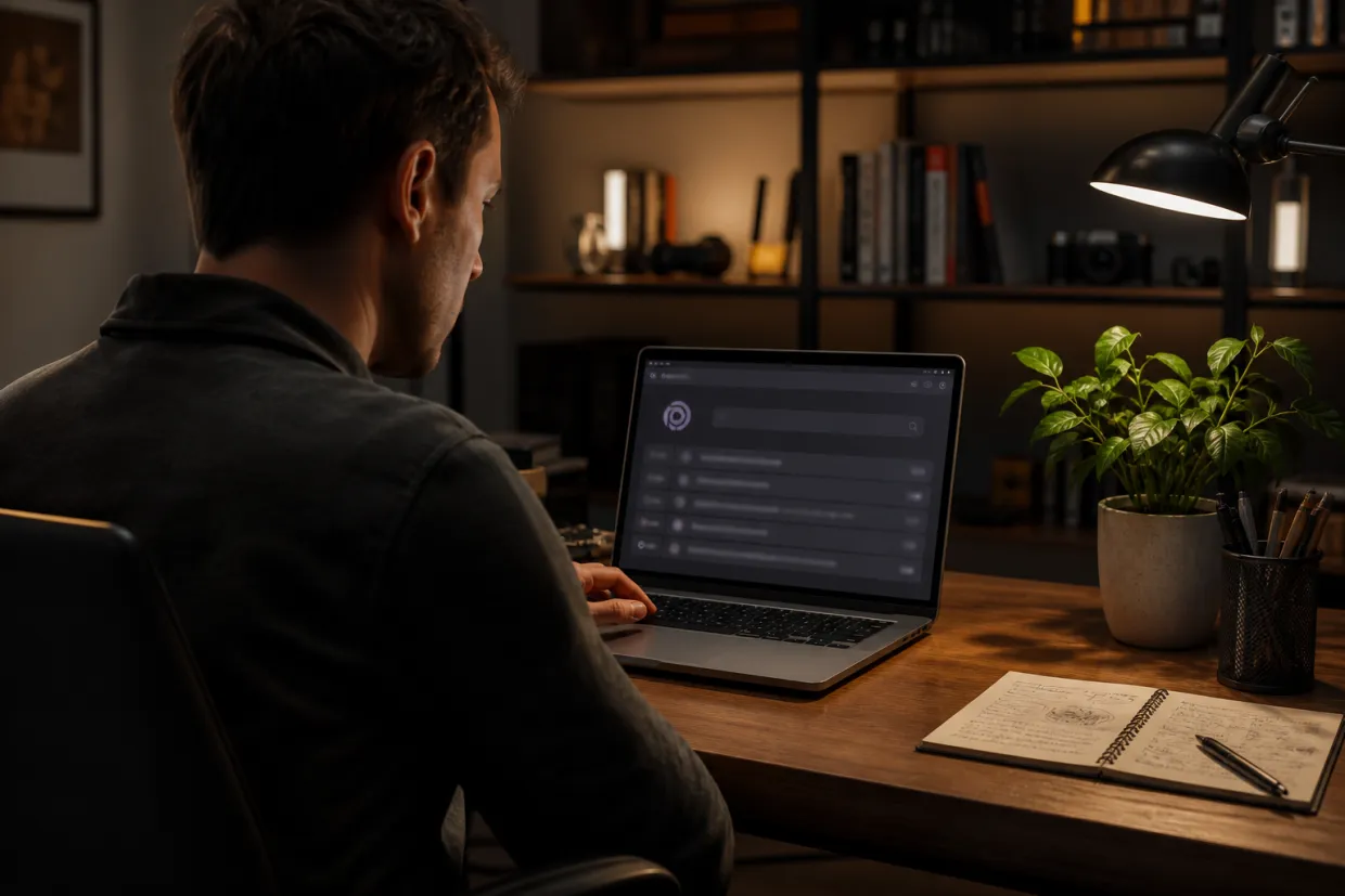 A researcher engaged in exploring legitimate .onion links on a laptop.