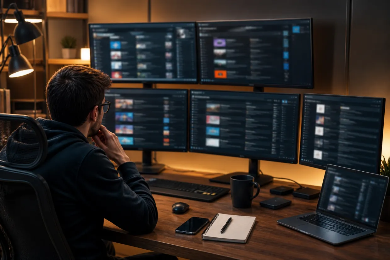 A researcher analyzing multiple screens with .onion website directories in a modern workspace.