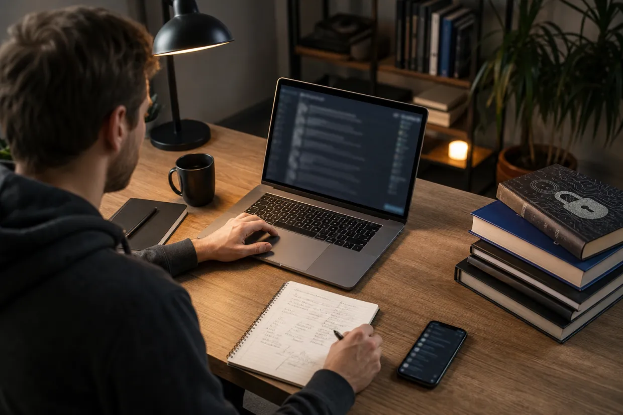 A focused researcher examines .onion links in a cozy home office.