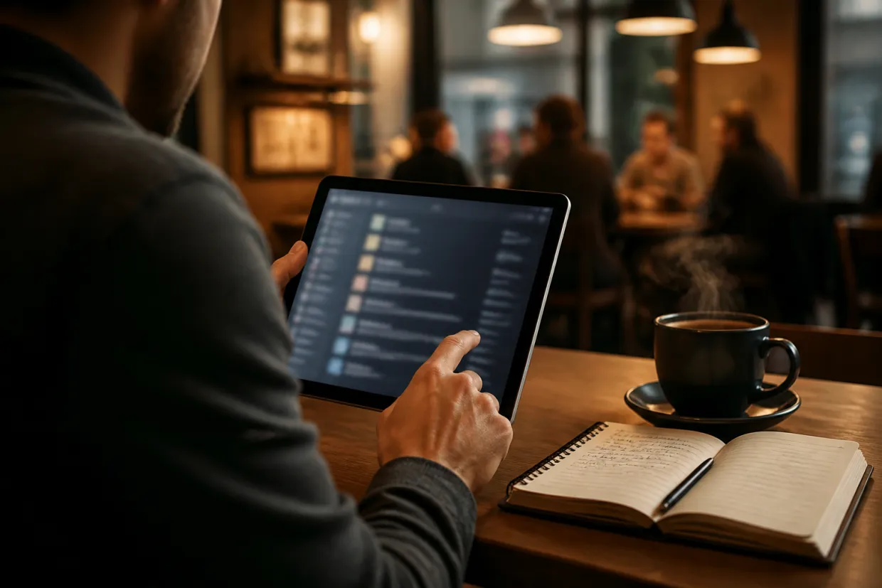 A person is immersed in exploring onion services on a tablet in a café.