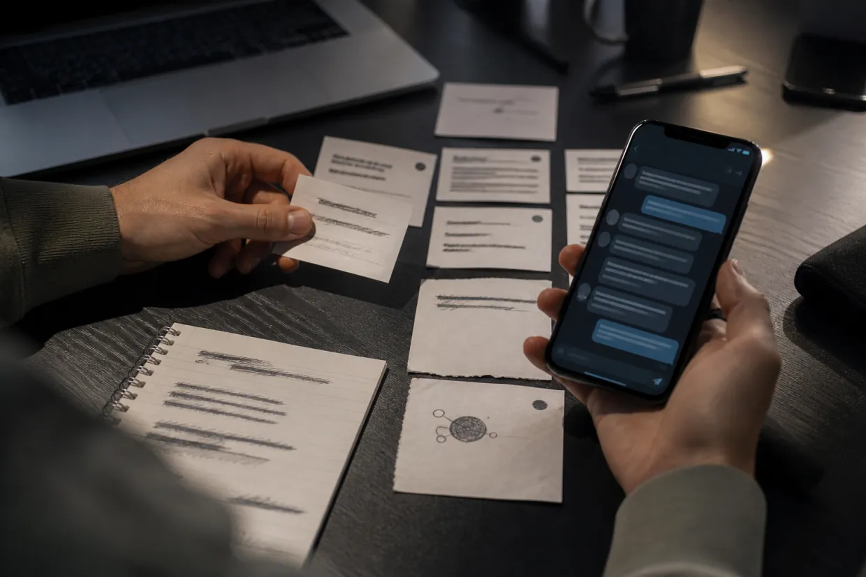 A person meticulously organizing dark web links and notes on a desk.