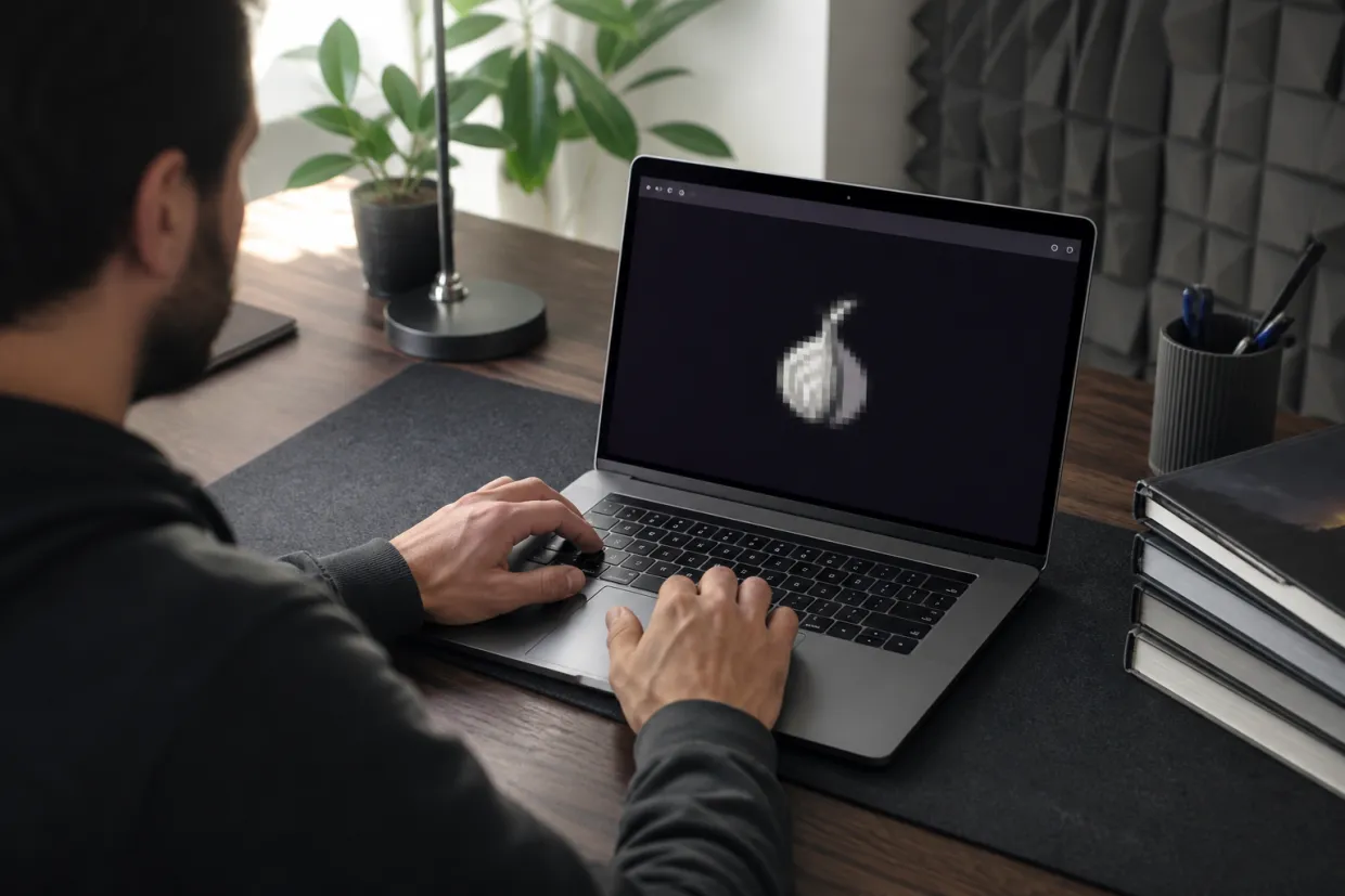 A person is engaged in exploring a legitimate Tor site on their laptop in a contemporary workspace.