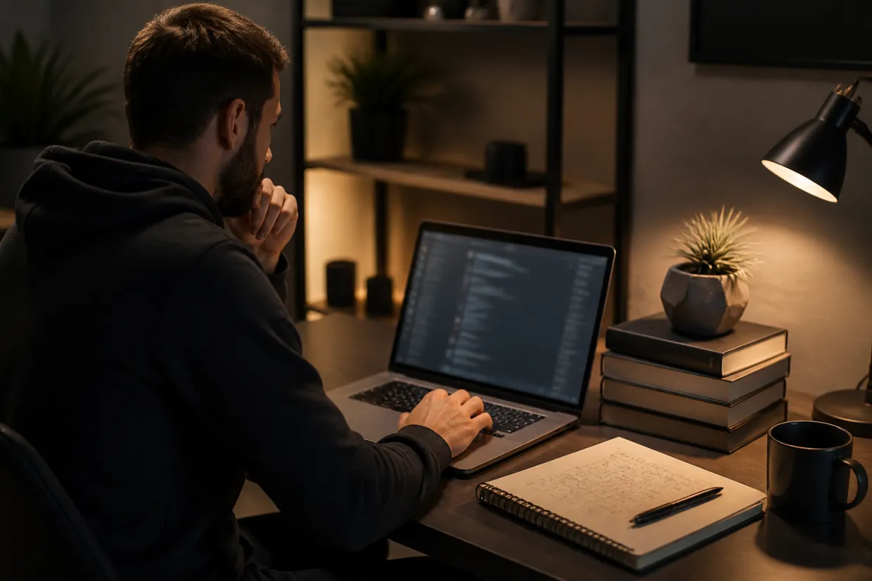 A person engaged in researching dark web chat rooms in a modern workspace.