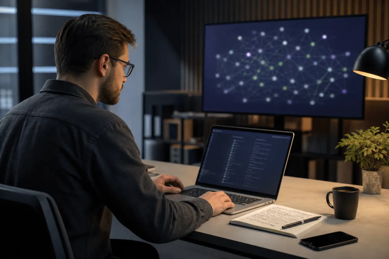 A researcher engaged in studying legitimate onion services on a laptop in a modern office environment.