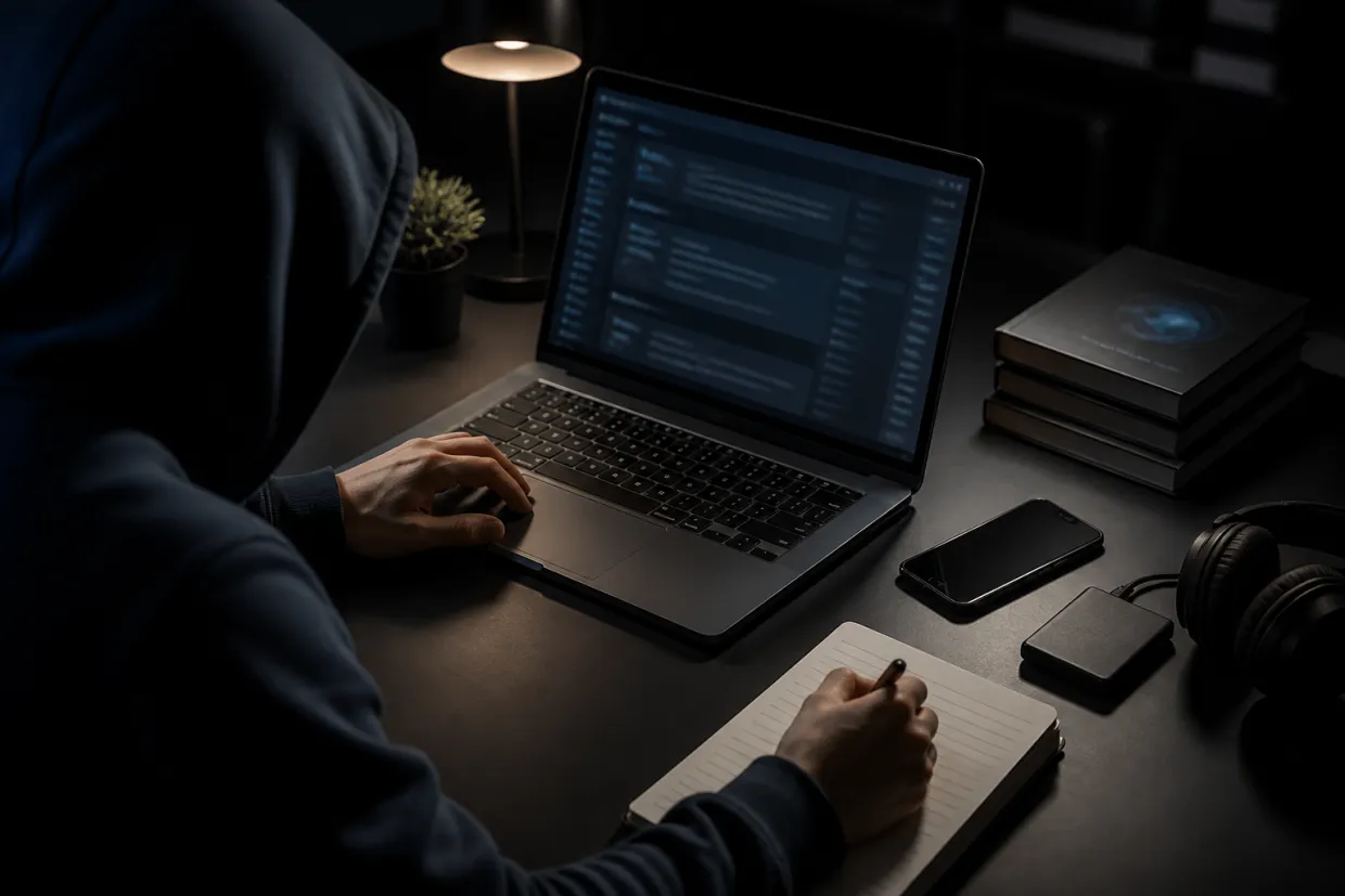 A researcher engaged in a focused exploration of the Dread forum on their laptop.