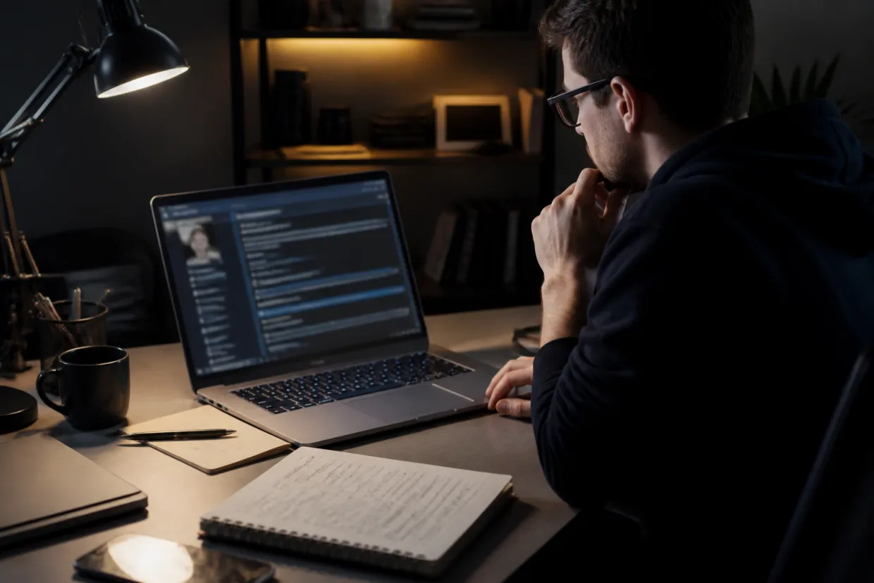 A researcher examines a dark web hacker forum on their laptop.