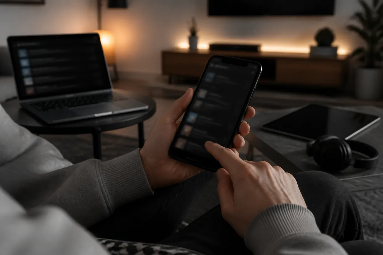 A person is exploring a dark web directory on their smartphone in a cozy living room.
