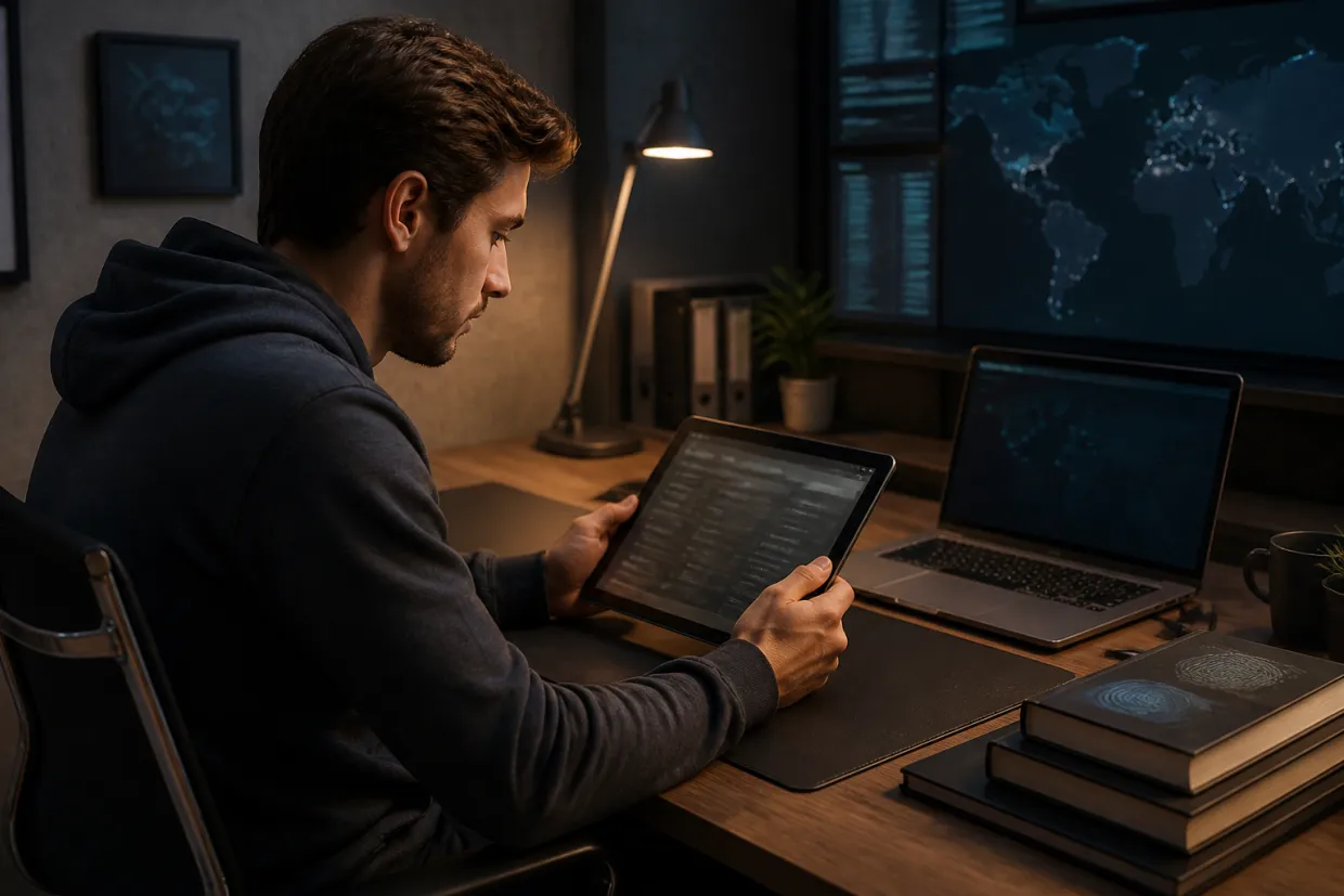 A researcher analyzing a digital dark web market list in a modern office.