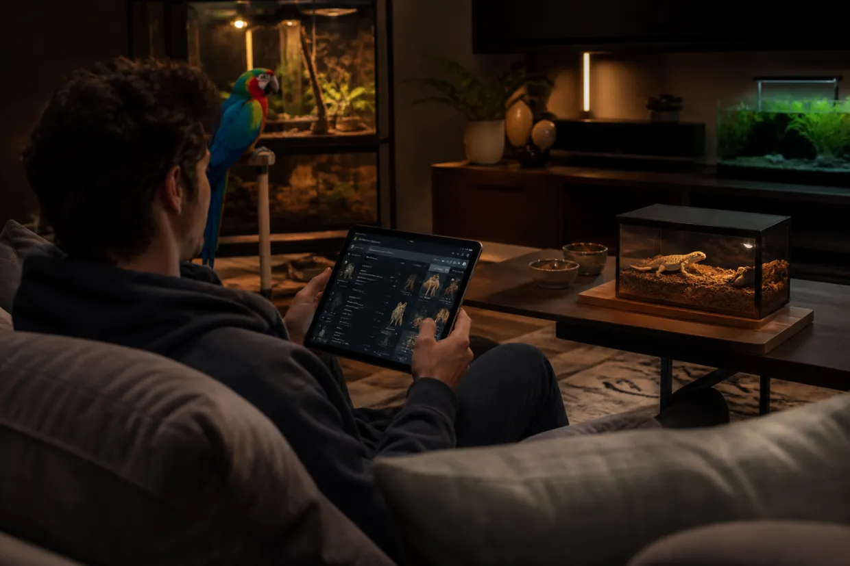 A person explores unique exotic pet resources on a tablet in a cozy living room.