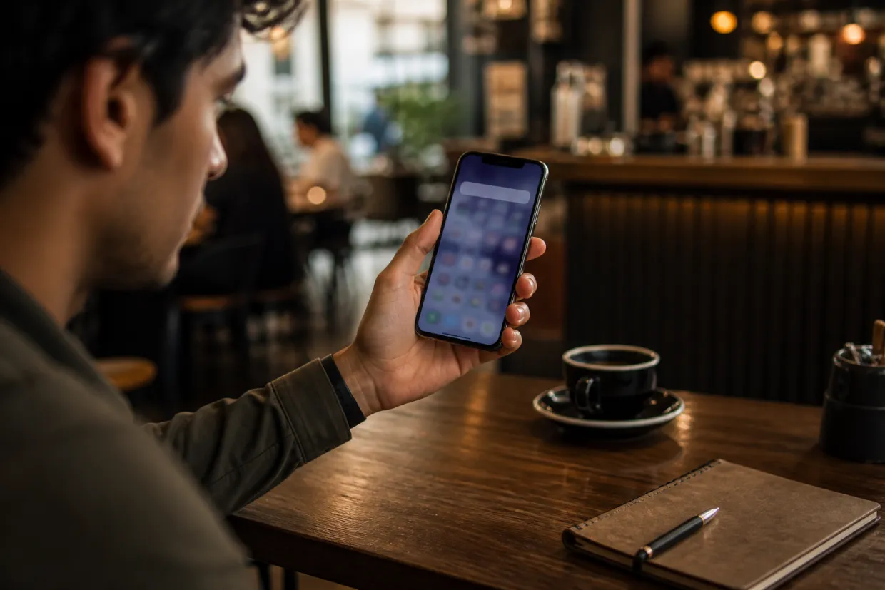 A person is engaged with Arc Search on their smartphone at a cafe.