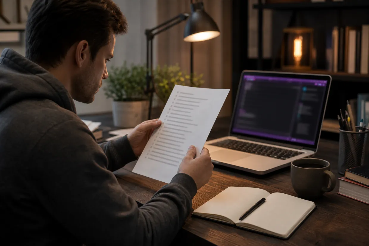 A person reviews a printed list of reliable dark web store links in a cozy home office.