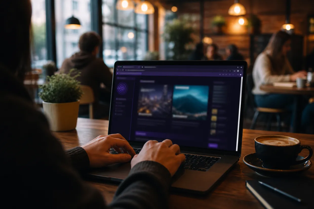 A user browsing the deep web with Tor Browser in a café setting.