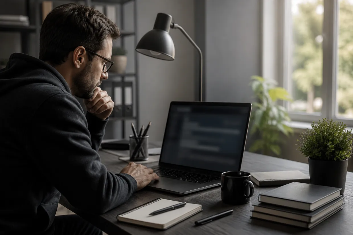 A researcher examines legitimate dark web URLs in a contemporary workspace.