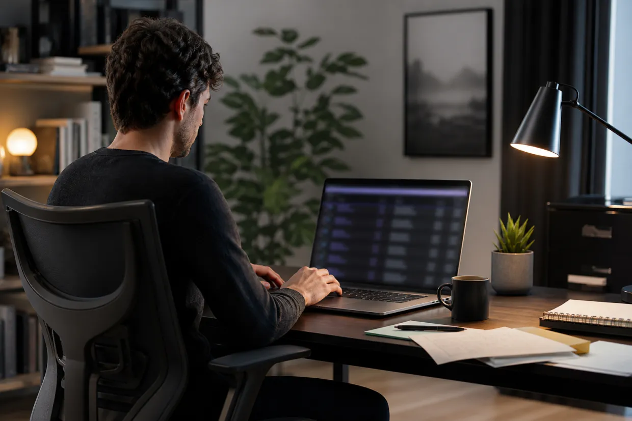 A focused individual researching legitimate onion links in a contemporary home office.