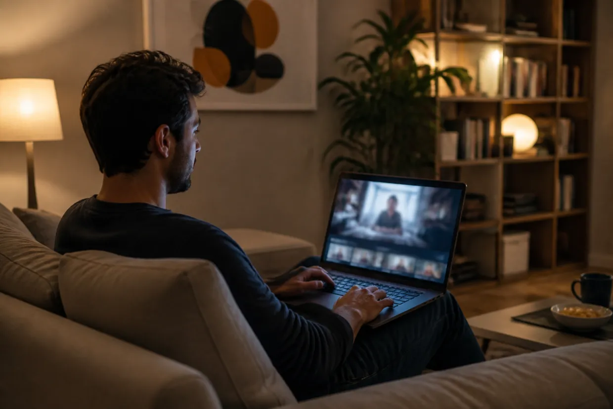 A person enjoying video content on a laptop in a cozy setting.