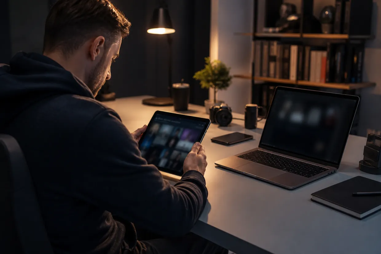 A person is deeply engaged in exploring dark web resources using a tablet in a cozy office.