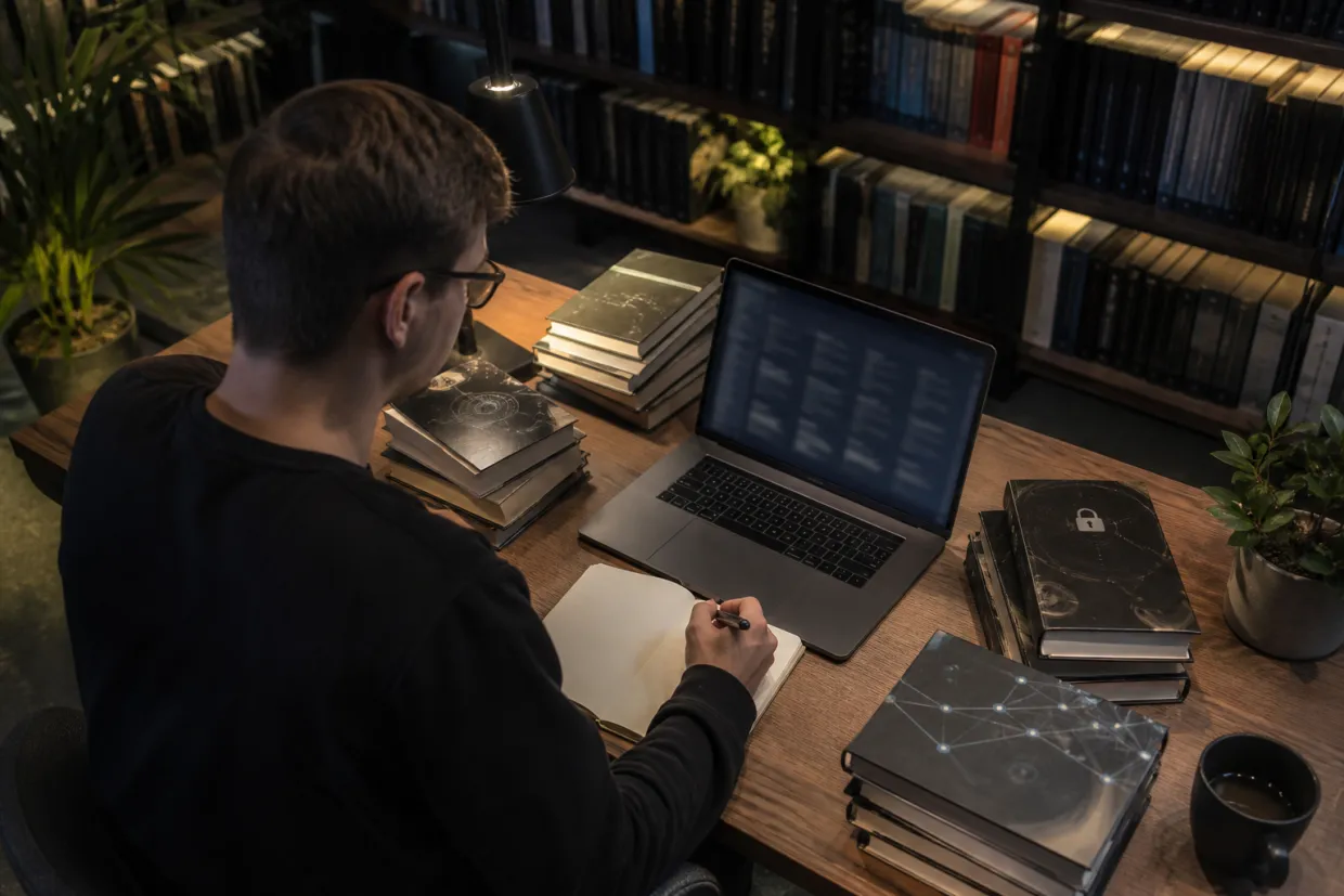 A researcher studies dark web resources in a modern library environment.