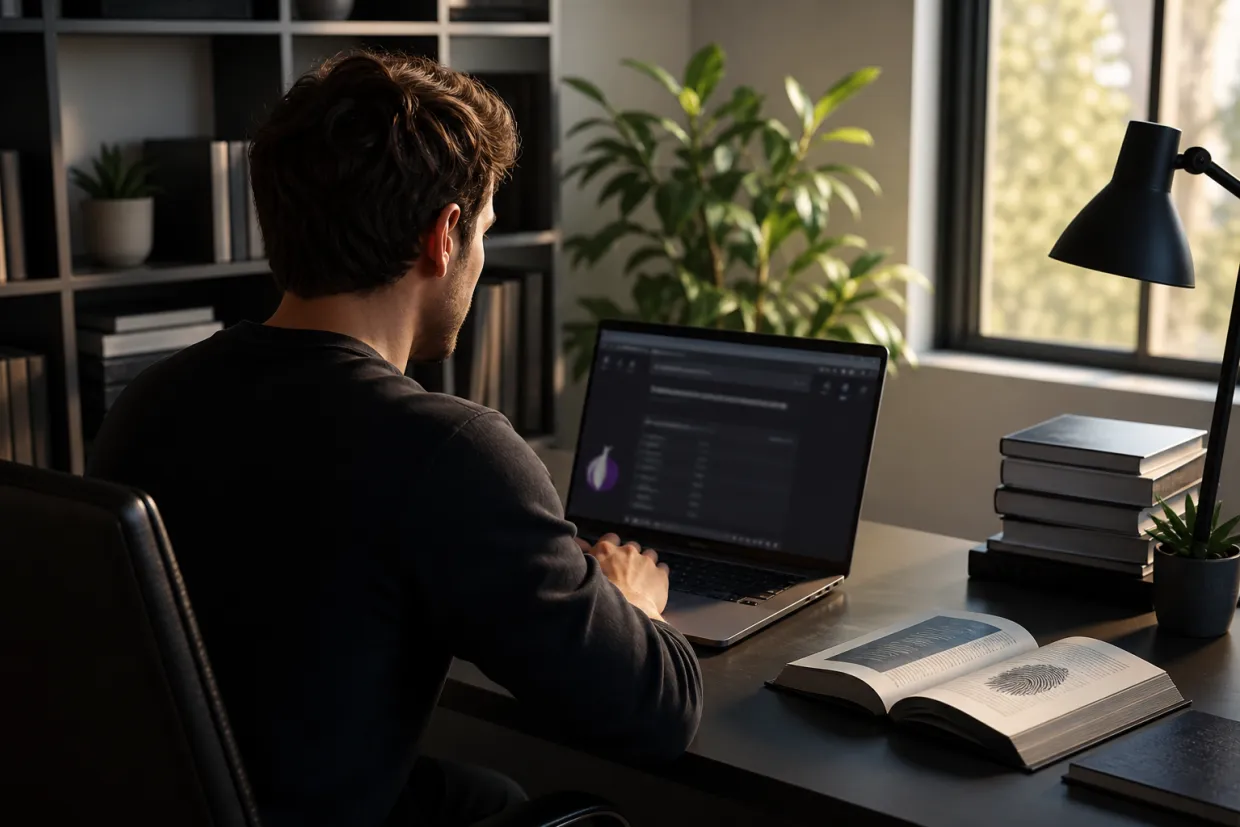 A researcher examining Xonion links in a modern home office setting.